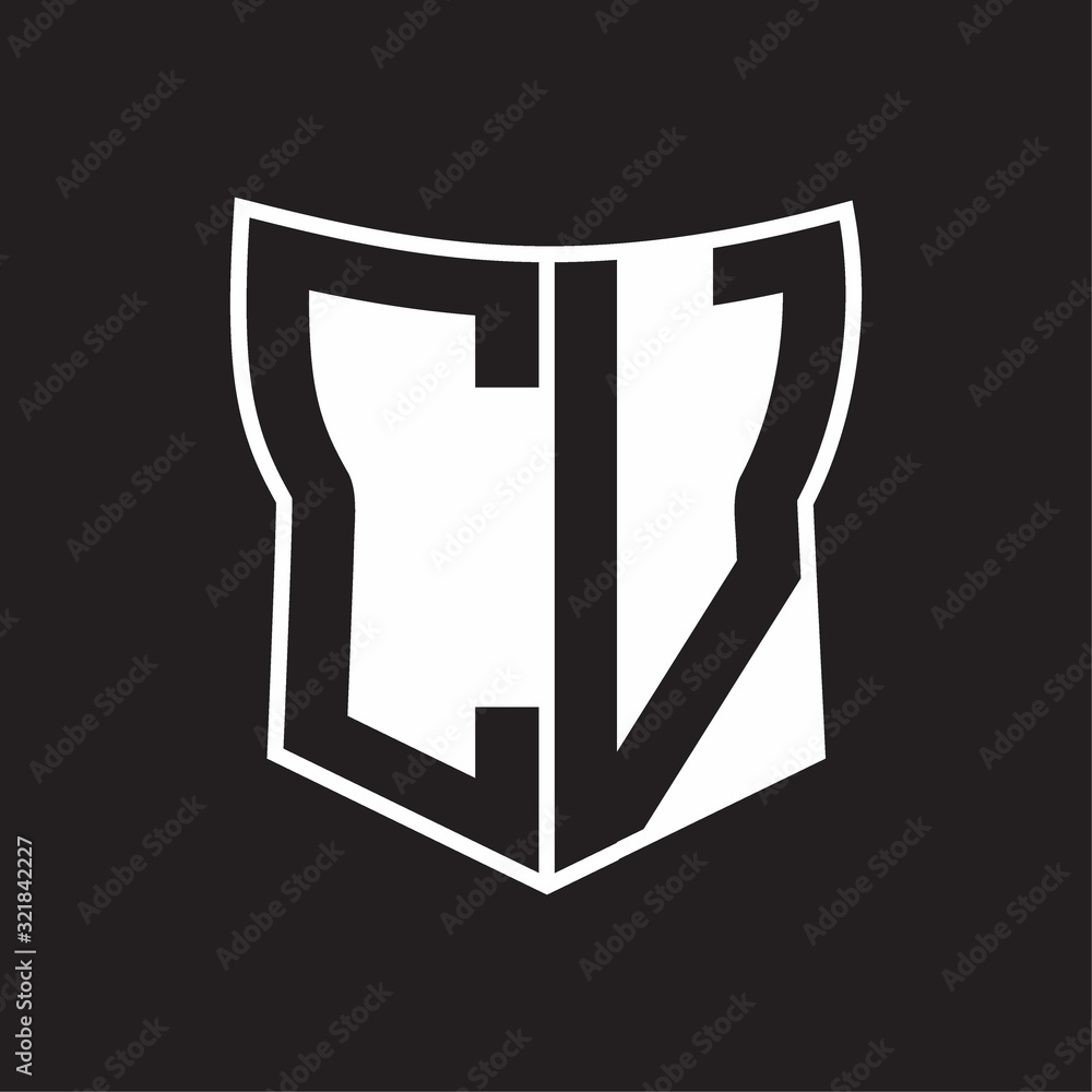 CV Logo monogram with negative space abstract shield shape design template on black background CV Logo monogram with negative space abstract shield shape design template on black background