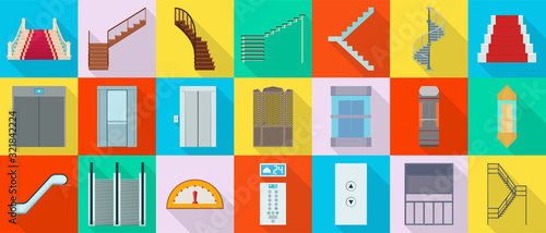 Staircase and lift vector flat set icon.Vector illustration stair and escalator.Isolated flat icon wooden of metal staircase on white background.