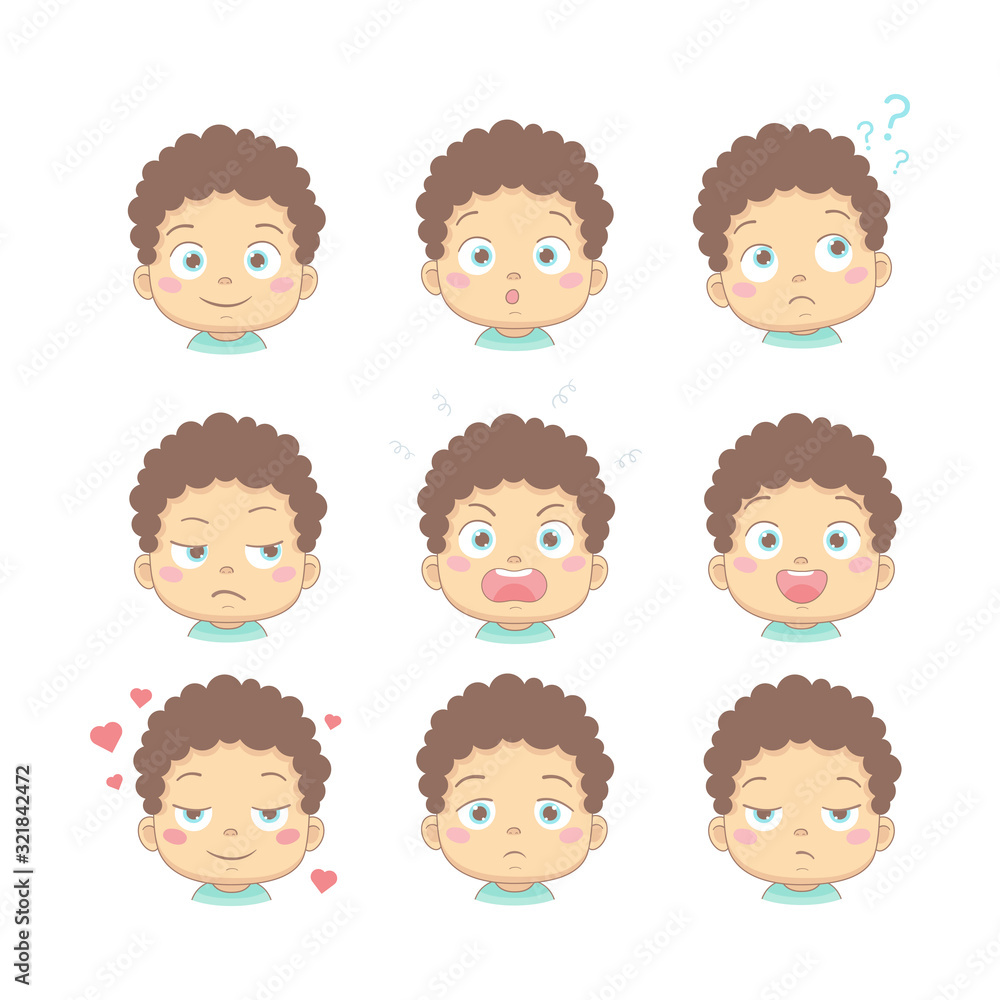 Set of cute cartoon baby with different funny emotions in flat design  cartoon character. Cute children with smiling, surprised, thinking,  dissatisfied, angry, happy, in love and sad face. Stock Vector | Adobe