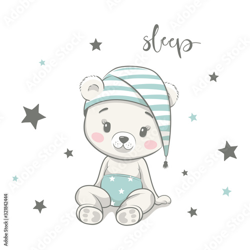Cute baby bear in nightcap cartoon vector illustration. Illustration in hand drawing style for baby shower. Greeting card, party invitation, fashion clothes t-shirt print.