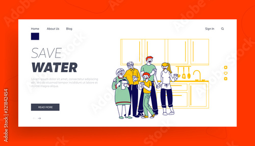 Healthy Lifestyle, People Thirsty Website Landing Page. Big Happy Family of Parents, Grandparents and Boy Stand with Water Glasses Drinking Pure Aqua Web Page Banner. Cartoon Flat Vector Illustration