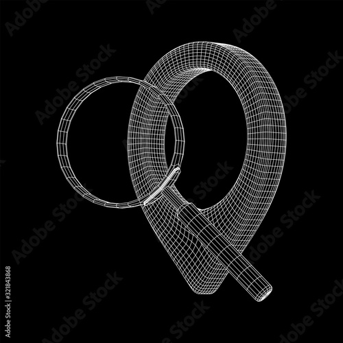 Location pin geo mark icon for travel with magnifying glass. Search path navigator concept. Wireframe low poly mesh vector illustration