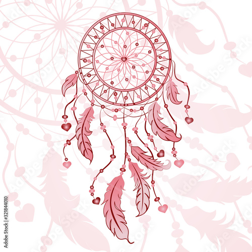 Traditional dreamcatcher with hearts and feathers. Valentine's Day. Love. Boho style. Ethnic Native American Symbol.
