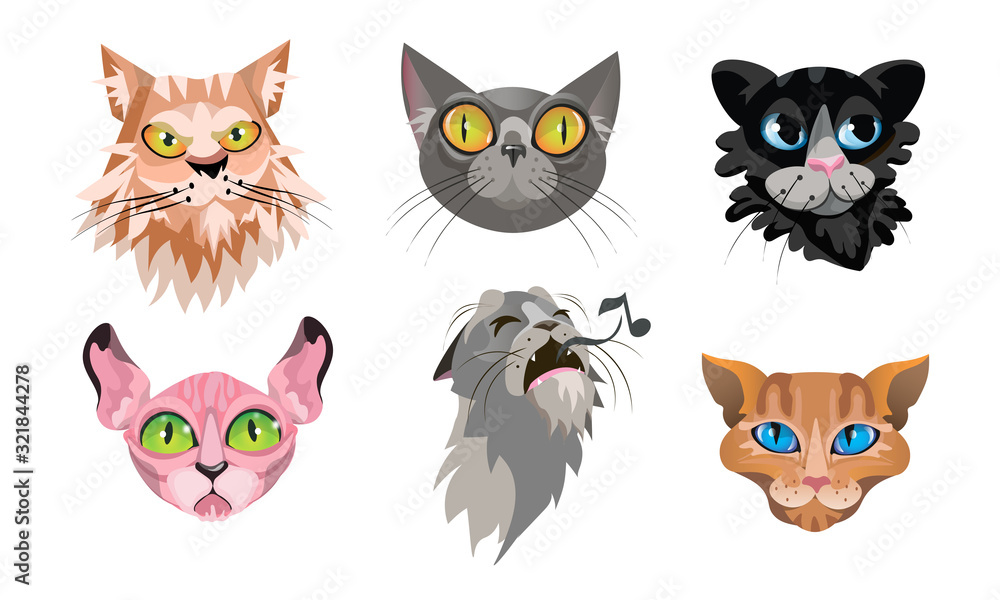 Set of different cute cat faces. Vector illustration in flat cartoon style. Set of different cute cat faces. Vector illustration in flat cartoon style.
