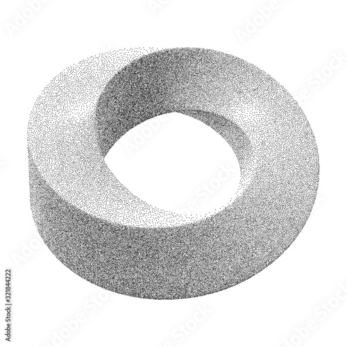 Mobius strip ring sacred geometry. Spatial figure with upturned surfaces. Optical illusion with dual circular contour. Dotwork Frame. Halftone Style Monochrome Gradient Illustration.