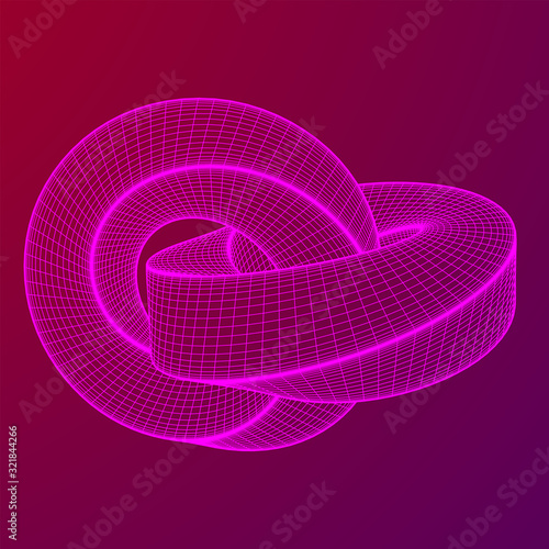 Mobius strip ring knot sacred geometry. Spatial figure with upturned surfaces. Optical illusion with dual circular contour. Wireframe low poly mesh vector illustration.