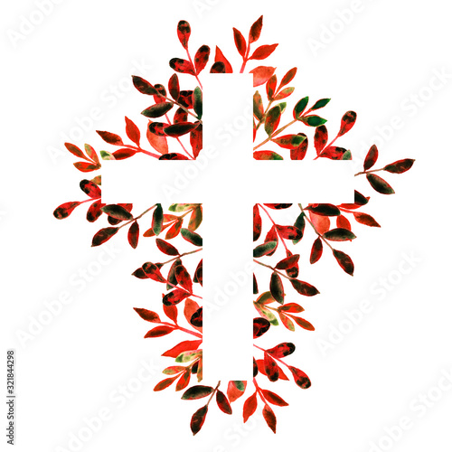 Fototapeta Naklejka Na Ścianę i Meble -  Red and black hand drawn floral watercolor Cross on white background. Religious foliage illustration for Easter, Christian, Baptism, and First Communion Designs. Frame.