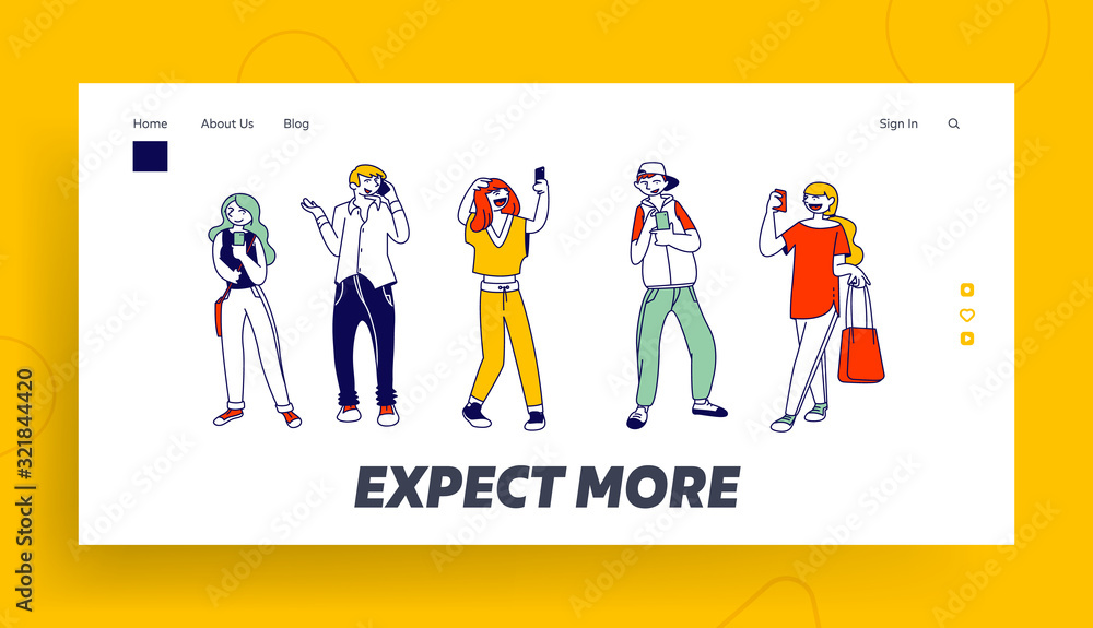 Teens Smartphone Addiction Website Landing Page. Young Men and Women Holding Mobile Phones. People Chatting, Texting, Reading Newsfeed on Social Media Web Page Banner. Cartoon Flat Vector Illustration Teens Smartphone Addiction Website Landing Page. Young Men and Women Holding Mobile Phones. People Chatting, Texting, Reading Newsfeed on Social Media Web Page Banner. Cartoon Flat Vector Illustration