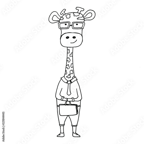 Giraffe hipster style isolated vector character on white background. Giraffe with glasses, in shirt and trousers with tie.