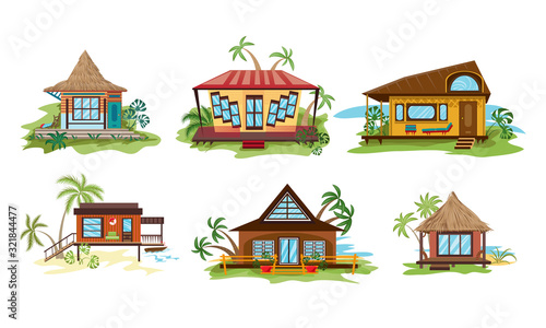 Set of different styles villa on the ocean beach in paradise. Vector illustration in flat cartoon style