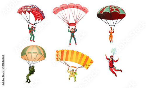 Set of different colorful skydivers. Vector illustration in flat cartoon style