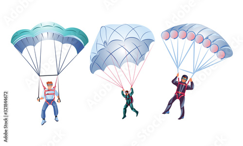 Set of three different colorful skydivers. Vector illustration in flat cartoon style
