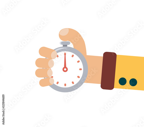 Man hand hold stopwatch. Time management concept vector flat illustration.