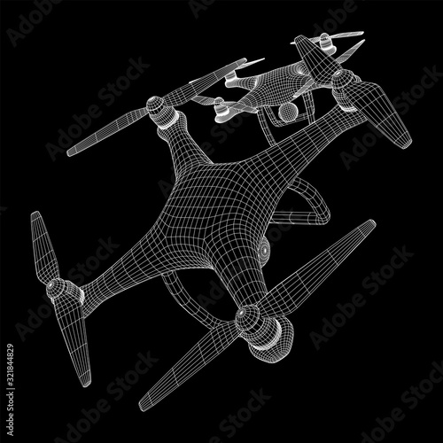 Remote control air drone. Dron flying with action video camera. Wireframe low poly mesh vector illustration