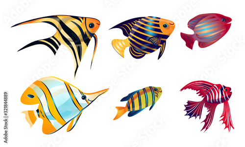 Set of various colorful coral reef fish. Vector illustration in the flat cartoon style