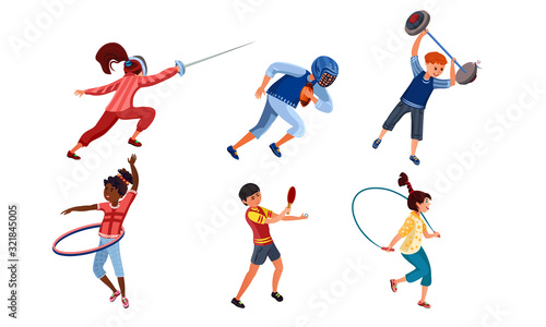 Set of teenagers doing various kinds of sports activities. Vector illustration in flat cartoon style