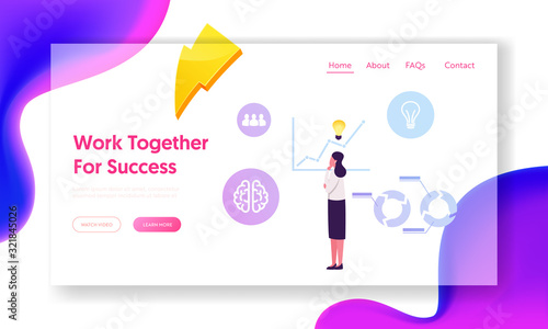 Capacity Building Website Landing Page. Thoughtful Business Woman with Glowing Light Bulb over Head Stand at Grow Arrow Chart Analysing Statistic Data Web Page Banner. Cartoon Flat Vector Illustration