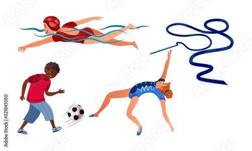 Set of teenagers doing various kinds of sports activities. Vector illustration in flat cartoon style