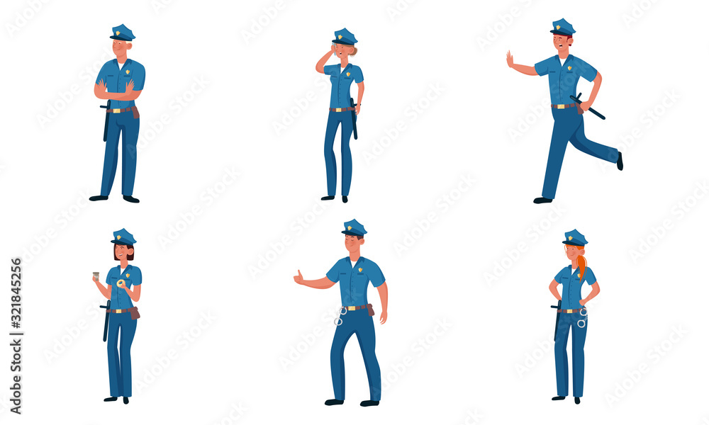 Set of Police officers in different poses. Vector illustration in flat cartoon style Set of Police officers in different poses. Vector illustration in flat cartoon style