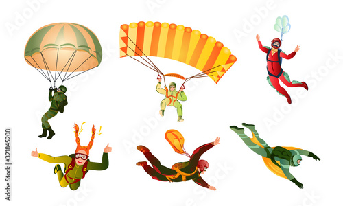 Set of different colorful skydivers. Vector illustration in flat cartoon style