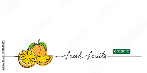 Orange, citrus sketch. Organic fresh fruits lettering. Vector design for web banner, background, juice label design. One continuous line drawing, vector illustration. 