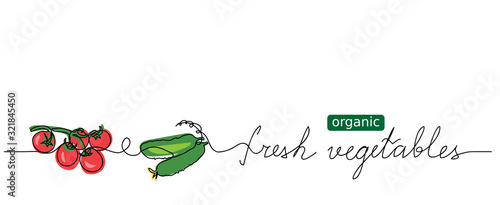 Tomatoes, cucumbers vector illustration. Organic fresh vegetables lettering. Vector design for web banner, background, signboard or label design. One continuous line drawing, fresh vegetables text. 