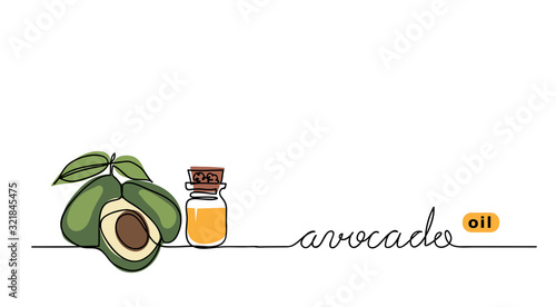 Avocado oil in the glass bottle. Avocado color leaf, brunch. Vector one continuous line drawing background.