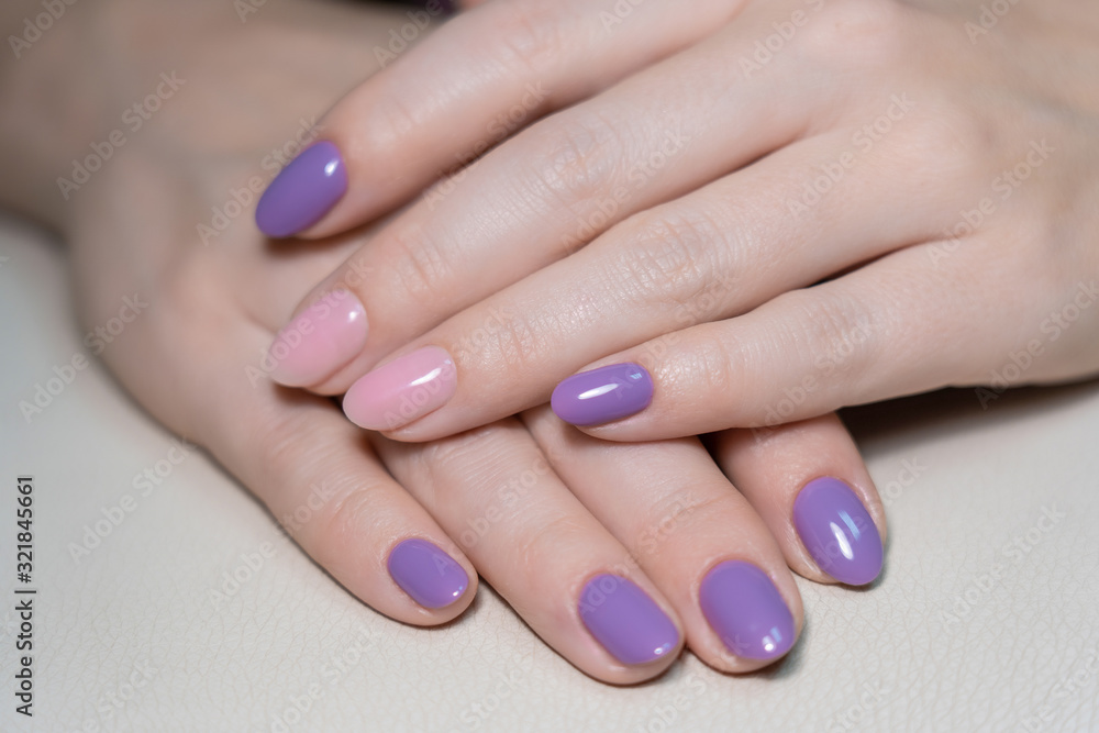 Closeup view photo of two manicured female hands with painted in pink and purple pastel colors nails.