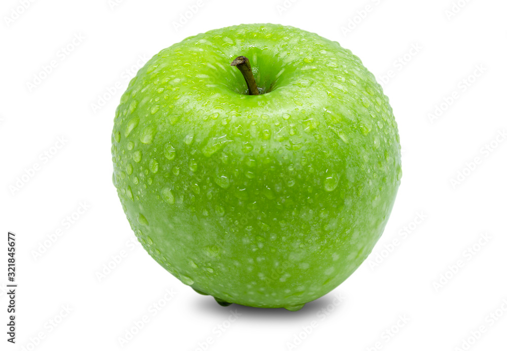 Fresh green apple with water droplets on the apple skin on a white background Fresh green apple with water droplets on the apple skin on a white background