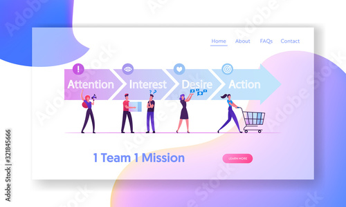 AIDA Model with 4 Stages of Sales Website Landing Page. in Attention, Interest, Desire and Action. Foundation Principles in Marketing and Advertising Web Page Banner. Cartoon Flat Vector Illustration