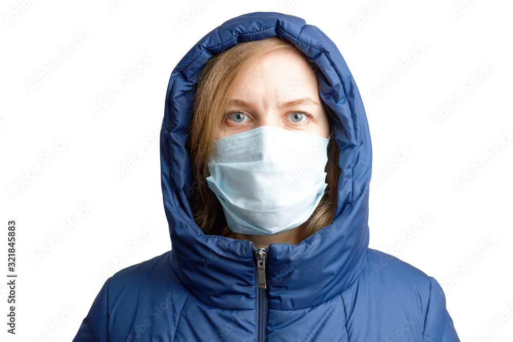 Closeup portrait of a woman in winter clothes and a protective mask. Isolated on white. Closeup portrait of a woman in winter clothes and a protective mask. Isolated on white.