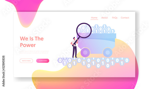 Data Mining Machine Coding Algorithm Website Landing Page. Businessman with Huge Magnifying Glass Stand at Trolley with Binary Code Digits Datum Web Page Banner. Cartoon Flat Vector Illustration