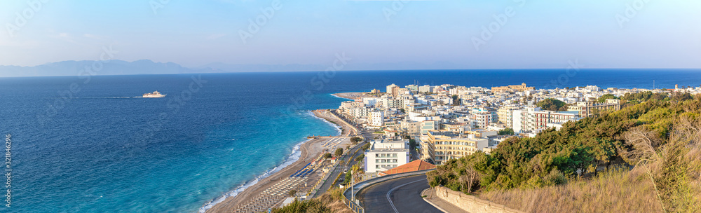 Panoramic view of Aegean Sea round city of Rhodes, Turkish coast in background (Rhodes, Greece)