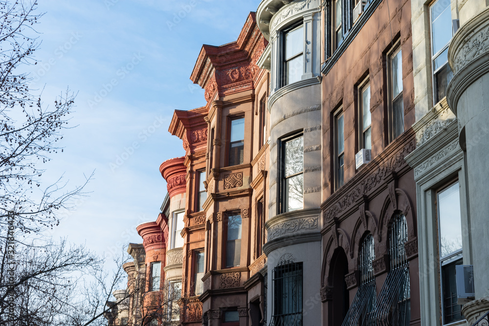 Fototapeta premium Row of Colorful Old Homes in Prospect Heights Brooklyn New York