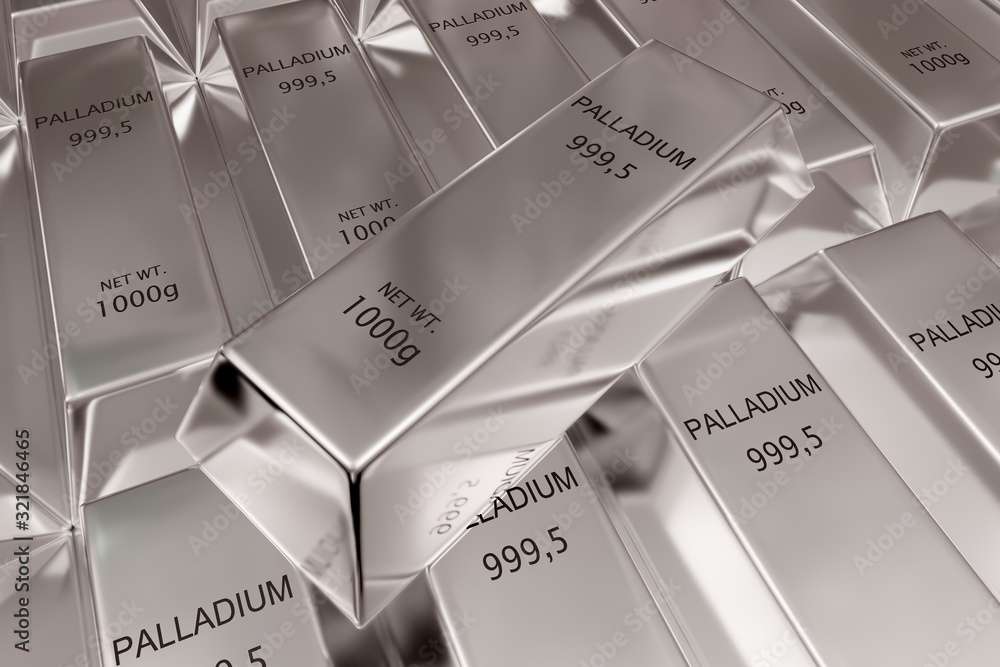 Single palladium ingot on stacked rows of shiny palladium ingots or ...