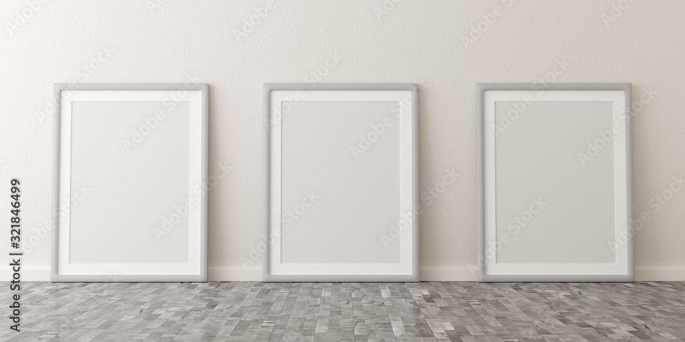 Empty picture frames leaning against white wall in bright room with wooden floor with copy space - portfolio, gallery or artwork template mock up - 3D illustration Empty picture frames leaning against white wall in bright room with wooden floor with copy space - portfolio, gallery or artwork template mock up - 3D illustration