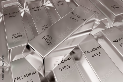 Single palladium ingot on stacked rows of shiny palladium ingots or bars background - precious metal or money investment concept photo