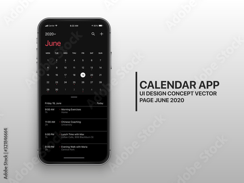 Calendar App Page June 2020 with To Do List and Tasks UI UX Design Mockup Dark Mode Vector on Frameless Smartphone Screen Isolated on White Background. Planner Application Template for Mobile Phone