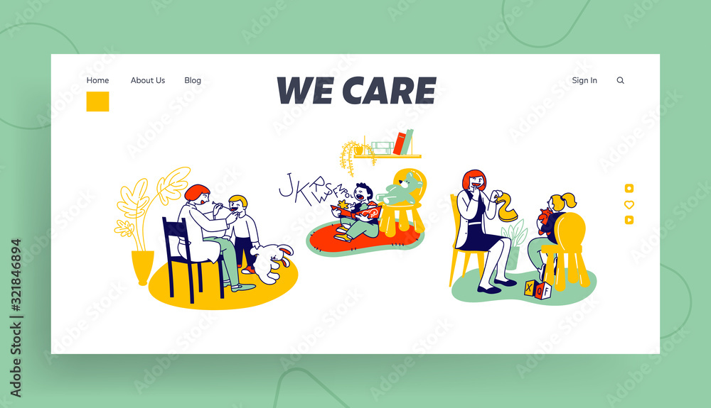 Logopedic Treatment Session and Speech Therapy Website Landing Page. Friendly Woman Logopedist Articulating with Children Teach to Speak Correctly Web Page Banner. Cartoon Flat Vector Illustration Logopedic Treatment Session and Speech Therapy Website Landing Page. Friendly Woman Logopedist Articulating with Children Teach to Speak Correctly Web Page Banner. Cartoon Flat Vector Illustration