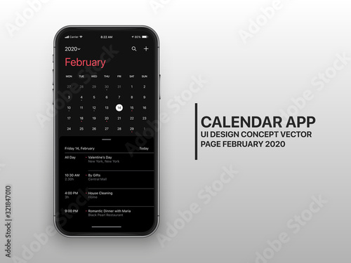 Calendar App Page February 2020 To Do List and Tasks UI UX Design Mockup Dark Mode Vector on Frameless Smartphone Screen Isolated on White Background. Planner Application Template for Mobile Phone