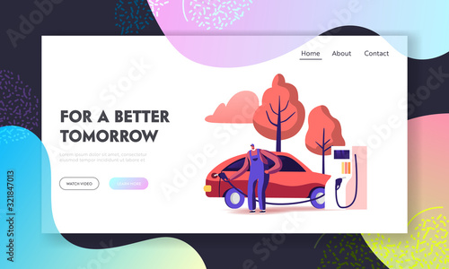 Transport Gasoline Service for Drivers Website Landing Page. Gas Station Worker Hold Filling Gun Pouring Fuel Into Car. Employee Refueling Automobile Web Page Banner. Cartoon Flat Vector Illustration