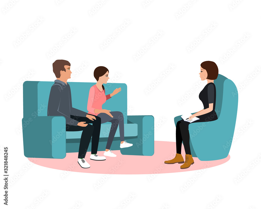 Married couple on sofa and woman psychologist or psychotherapist sitting in front of them. Marriage crisis, family conflict, relationship problem. Flat cartoon vector illustration Married couple on sofa and woman psychologist or psychotherapist sitting in front of them. Marriage crisis, family conflict, relationship problem. Flat cartoon vector illustration