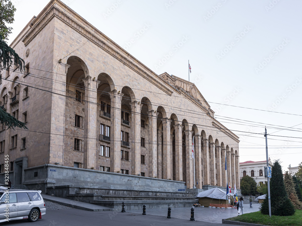 The Old Parliament of Georgia building on the Shota Rustaveli Ave in Tbilisi city in Georgia