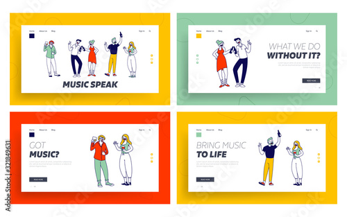 Nightlife Website Landing Page Set. Young People Wearing Fashionable Clothes Drink Alcohol Cocktails and Communicating on Night Club Disco Party Web Page Banner. Cartoon Flat Vector Illustration