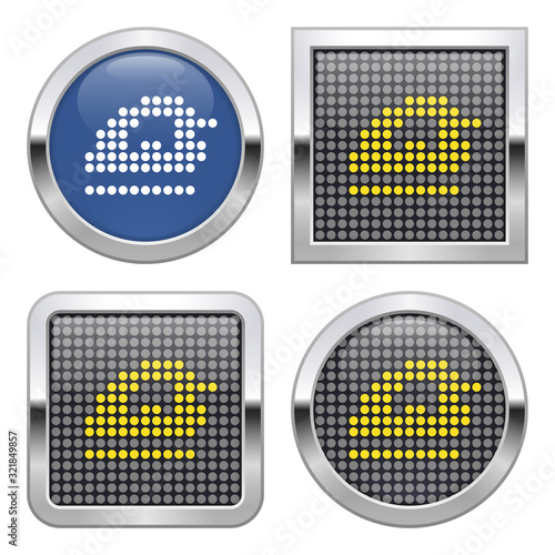 Dotted icon of electric iron on glossy button in four variants