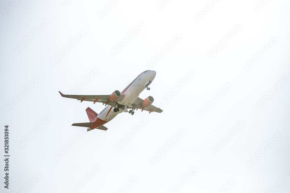 Airplane take off from airport. Travel by air, climate crisis, transportation Airplane take off from airport. Travel by air, climate crisis, transportation