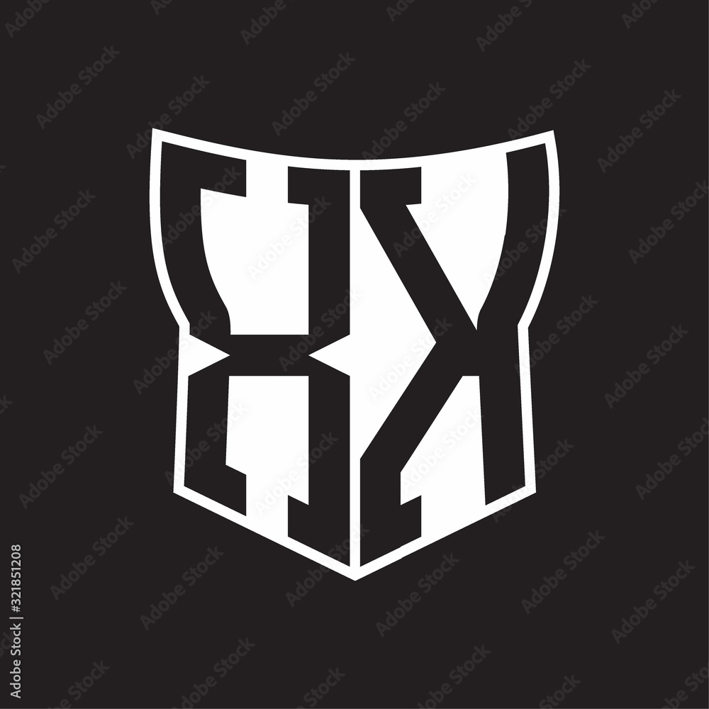 XK Logo monogram with negative space abstract shield shape design template on black background