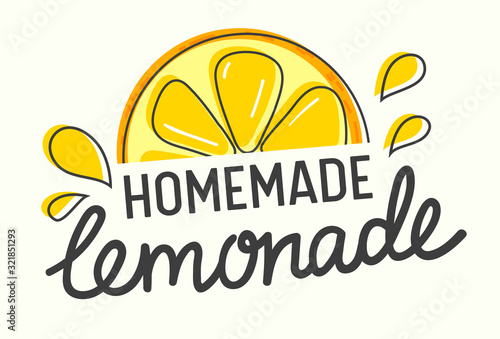 Homemade Lemonade Poster with Doodle Style Citrus Slice, Juicy Droplets and Hand Written Lettering for Banner, Summer Cafe Menu Flyer or Brochure. Cartoon Flat Vector Illustration Vector Illustration