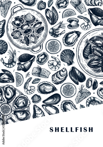 Vector seafood A5 flyer design. Hand drawn fish, shellfish, shrimps, mollusks sketches with herbs, spices and lemon. Cooked fish, shrimps, clams, oysters, cockles, mussels top view template.
