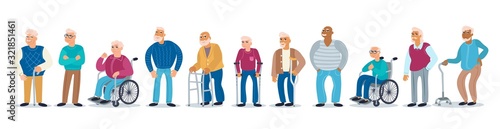 Vector colorful set on the theme of elderly people, old age, disability and health. Isolated men with canes, walkers, wheelchairs. Cartoon flat characters for use in your design